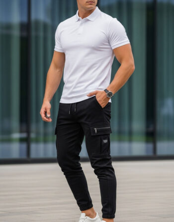 Ensemble Polo & Pantalon Cargo Maco - Blanc / Noir