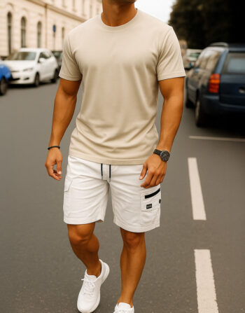 Ensemble T-shirt + Short Cargo - Beige et Blanc