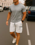 Ensemble T-shirt + Short Cargo - Gris et Blanc