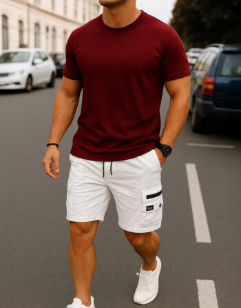 Ensemble T-shirt + Short Cargo - Rouge Bordeaux et Blanc