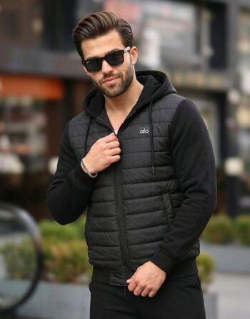 Veste Hybride bi-matière Matelassée – Manches et Dos en Molleton – Noir