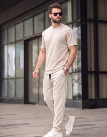 Ensemble Demi-Oversiz T-shirt 100% Coton + Baggy - Beige